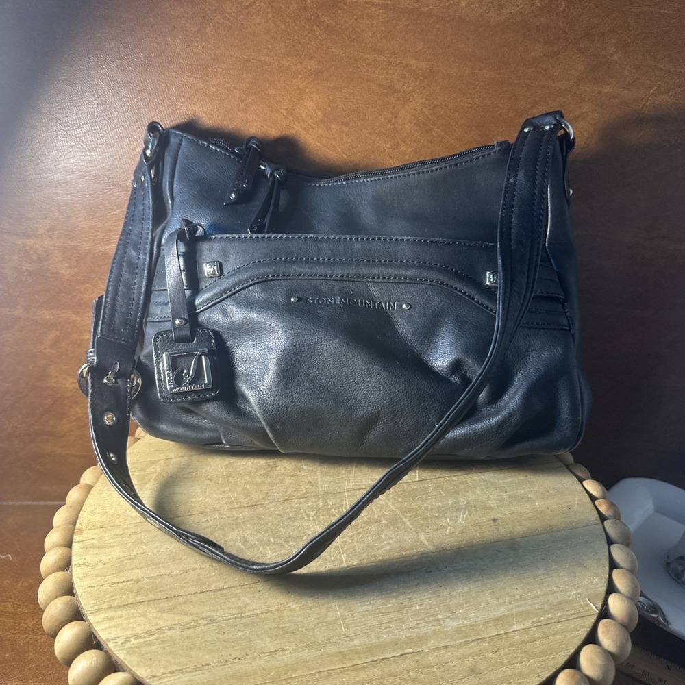 Stone Mountain Genuine Pebbled Leather Shoulder Bag Handbag Purse Black